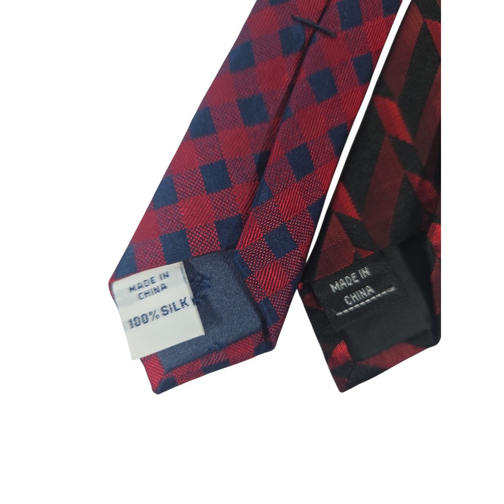 Lot of 2 IZOD & Arrow 100% Silk Neckties Red Black Blue Check Geometric Modern - Picture 3 of 7